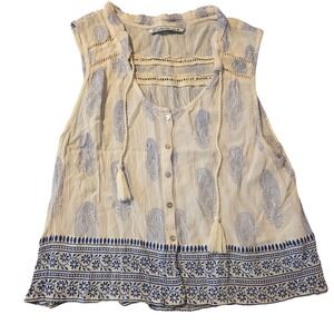 SH Collection Womens Size Med Blue White Paisley Floral Sleeveless Blouse Top